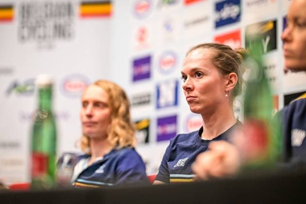 Belgian Sandrine Tas of LottoIntermarche Ladies; Belgian Lotte Claes and Belgian Margot Vanpachtenbeke are pictured during a press conference, PK, Pressekonferenz ahead of the cycling European Championships, in Ljubljana, Slovenia, Friday 2 October 2026. The UEC road championships are taking place from 03 to 07 October. DAVIDxPINTENS x188532874x