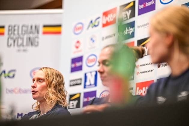 Belgian Sandrine Tas of LottoIntermarche Ladies; Belgian Lotte Claes and Belgian Margot Vanpachtenbeke are pictured during a press conference, PK, Pressekonferenz ahead of the cycling European Championships, in Ljubljana, Slovenia, Friday 2 October 2026. The UEC road championships are taking place from 03 to 07 October. DAVIDxPINTENS x188532877x