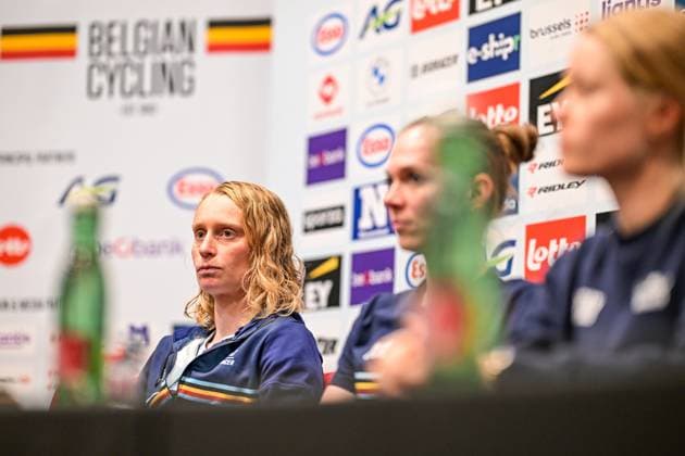 Belgian Sandrine Tas of LottoIntermarche Ladies; Belgian Lotte Claes and Belgian Margot Vanpachtenbeke are pictured during a press conference, PK, Pressekonferenz ahead of the cycling European Championships, in Ljubljana, Slovenia, Friday 2 October 2026. The UEC road championships are taking place from 03 to 07 October. DAVIDxPINTENS x188532878x