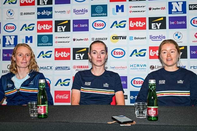 Belgian Sandrine Tas of LottoIntermarche Ladies; Belgian Lotte Claes and Belgian Margot Vanpachtenbeke are pictured during a press conference, PK, Pressekonferenz ahead of the cycling European Championships, in Ljubljana, Slovenia, Friday 2 October 2026. The UEC road championships are taking place from 03 to 07 October. DAVIDxPINTENS x188533020x
