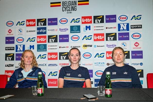 Belgian Sandrine Tas of LottoIntermarche Ladies; Belgian Lotte Claes and Belgian Margot Vanpachtenbeke are pictured during a press conference, PK, Pressekonferenz ahead of the cycling European Championships, in Ljubljana, Slovenia, Friday 2 October 2026. The UEC road championships are taking place from 03 to 07 October. DAVIDxPINTENS x188533039x