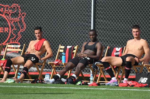 October 2, 2026, xophax, Soccer, Bundesliga 1, Bayer 04 Leverkusen vs. Fortuna Cologne (friendly match); from left to right: Lucas Vázquez, Moussa Diaby, Patrick Schick—all of Bayer 04 Leverkusen