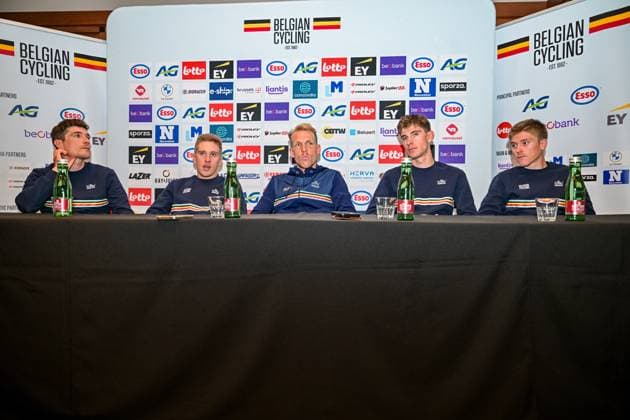 Belgian Ramses Debruyne; Belgian Ilan Van Wilder; Belgian Sander De Pestel; Belgian Louis Vervaeke and Belgian Jenno Berckmoes are pictured during a press conference, PK, Pressekonferenz ahead of the cycling European Championships, in Ljubljana, Slovenia, Friday 2 October 2026. The UEC road championships are taking place from 03 to 07 October. DAVIDxPINTENS  x188533946x