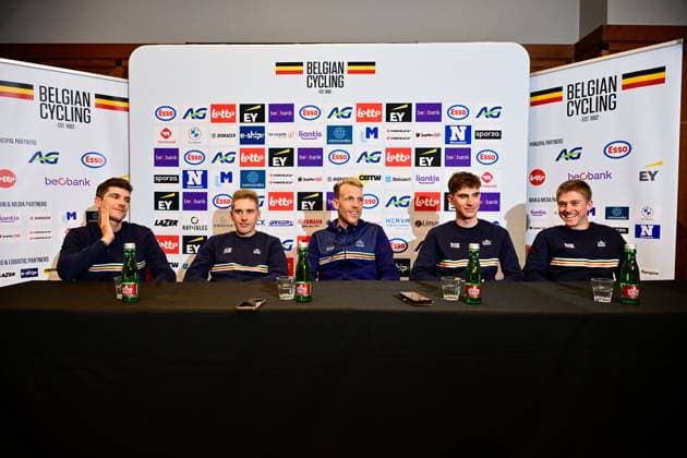 UEC 2026 Road European Championships Ljubljana - media activities 02 10 2026 LJUBLJANA, SLOVENIA - OCTOBER 02 : Vervaeke Louis (BEL), Van Wilder Ilan (BEL), De Pestel Sander (BEL), Debruyne Ramses (BEL) and Berckmoes Jenno (BEL) during a press conference, PK, Pressekonferenz at the 2026 UEC Road European Championships. An UCI Continental Championships cycling race of 88,4 km with start and finsih in Sencur on October 2, 2026 in Ljubljana, Slovenia, 02 10 2026 Ljubljana Slovenia  Copyright: xJanxDexMeuleneirx