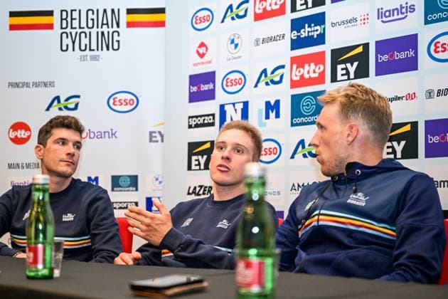 Belgian Louis Vervaeke; Belgian Ilan Van Wilder and Belgian Sander De Pestel are pictured during a press conference, PK, Pressekonferenz ahead of the cycling European Championships, in Ljubljana, Slovenia, Friday 2 October 2026. The UEC road championships are taking place from 03 to 07 October. DAVIDxPINTENS  x188534244x