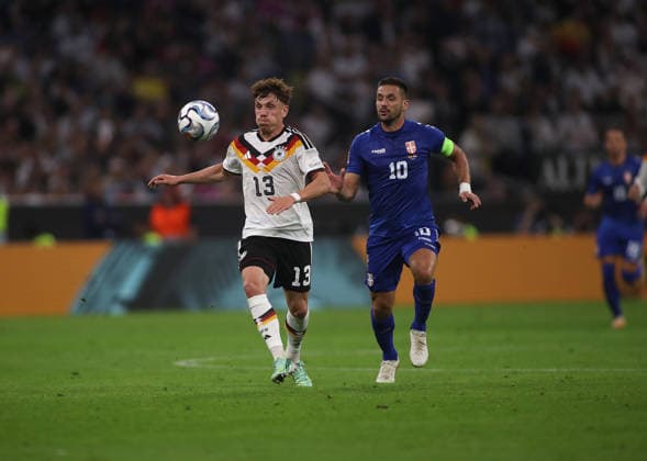Germany vs. Serbia, Soccer, Men s, 2026–2027 Season, International Match, Nations League, Matchday 3, League A, Group 2, Allianz Arena: Philipp Treu (Germany, left) and Dusan Tadic (Serbia, right) battle for the ball