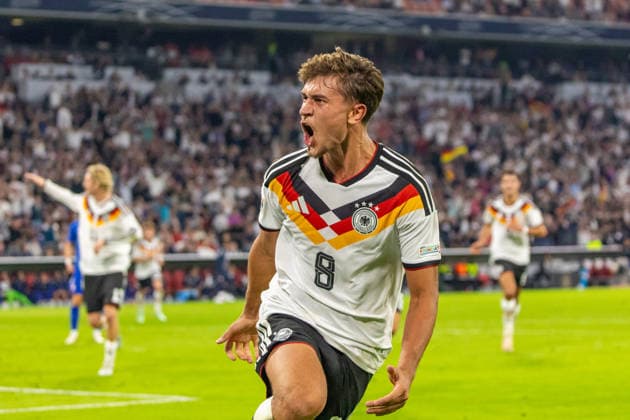 October 1, 2026 Germany vs. Serbia, Munich, October 1, 2026, Soccer, Nations League, 2026–2027 Season, Germany vs. Serbia, Tom Bischof (Germany), Celebrating Goal 1–0, Bischof
