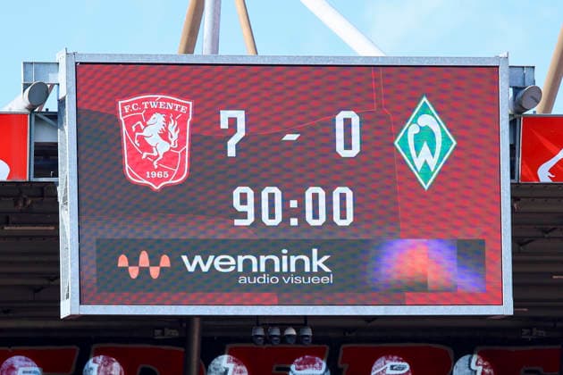 The scoreboard shows FC Twente Enschede’s 7–0 home win against Werder Bremen during the friendly match between FC Twente Enschede and Werder Bremen at De Grolsch Veste on October 2, 2026, in Enschede, Netherlands. Photo by Marco Steinbrenner, DeFodi Images. The scoreboard shows FC Twente Enschede’s 7–0 home win against Werder Bremen during the friendly match between FC Twente Enschede and Werder Bremen at De Grolsch Veste on October 2, 2026, in Enschede, Netherlands. Photo by Marco Steinbrenner, DeFodi Images. Photo by Marco Steinbrenner, DeFodi Images.