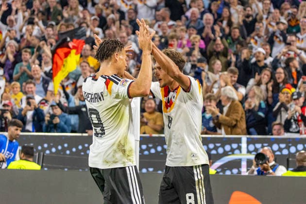 October 1, 2026 Germany vs. Serbia, Munich, October 1, 2026, Soccer, Nations League, 2026–2027 season, Germany vs. Serbia; Derry Scherhant, Tom Bischof (both Germany), celebrating the 1–0 goal by Bischof