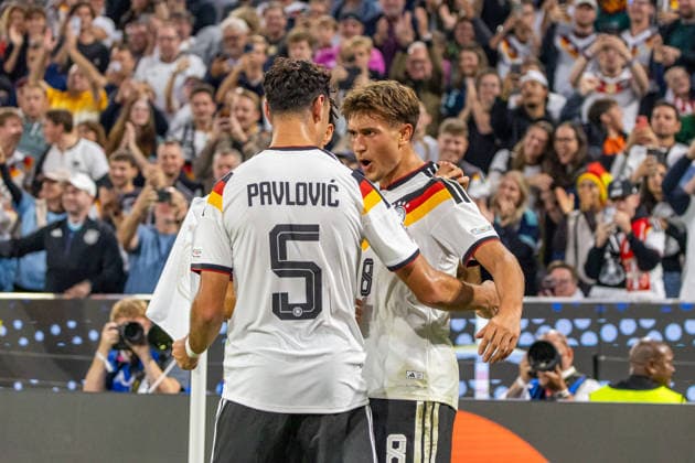 October 1, 2026 Germany vs. Serbia, Munich, October 1, 2026, Soccer, Nations League, 2026–2027 Season, Germany vs. Serbia: Aleksandar Pavlovic, Tom Bischof (both Germany), celebrating the 1–0 goal by Bischof