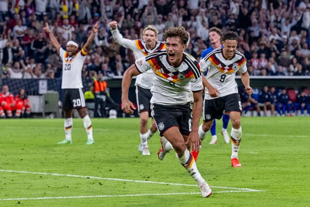 Tom Bischof, Germany, No. 8, celebrates his goal to make it 1–0 for Germany, Germany vs. Serbia, soccer, UEFA Nations League, League A group stage, Matchday 3, 2026–2027 season, October 1, 2026 DFL and DFB regulations prohibit any use of photographs as image sequences and or quasi-video. Photo: HMB Media, Heike Feiner Copyright: HMBxMedia HeikexFeiner
