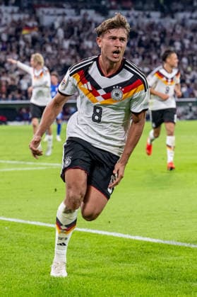 Tom Bischof, Germany, No. 8, celebrates his goal to make it 1–0 for Germany, Germany vs. Serbia, soccer, UEFA Nations League, League A group stage, Matchday 3, 2026–2027 season, October 1, 2026 DFL and DFB regulations prohibit any use of photographs as image sequences and or quasi-video. Photo: HMB Media, Heike Feiner Copyright: HMBxMedia HeikexFeiner