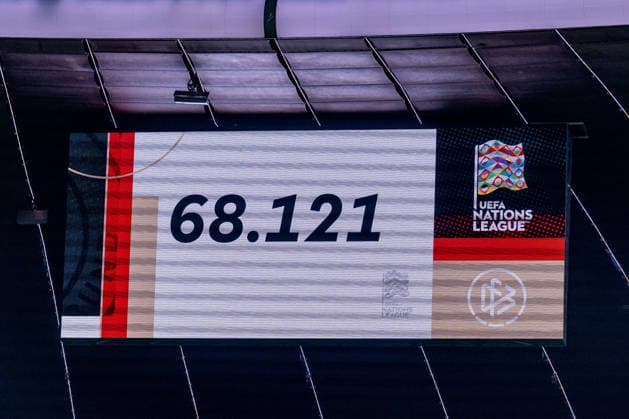 The scoreboard showing the official attendance of 68,121 GER, Germany vs. Serbia, soccer, UEFA Nations League, League A group stage, Matchday 3, 2026–2027 season, October 1, 2026 DFL DFB REGULATIONS PROHIBIT ANY USE OF PHOTOGRAPHS as IMAGE SEQUENCES and or QUASI-VIDEO Photo: HMB Media, Heike Feiner Copyright: HMBxMedia HeikexFeiner
