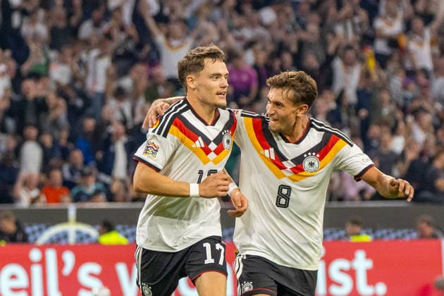 October 1, 2026 Germany vs. Serbia, Munich, October 1, 2026, Soccer, Nations League, 2026–2027 Season, Germany vs. Serbia; Florian Wirtz, Tom Bischof (both Germany), celebrating the 2–0 goal by Wirtz