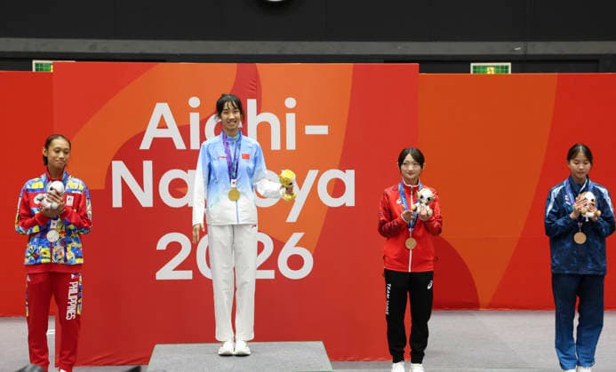 (261002) -- TOYOHASHI, Oct. 2, 2026 -- Gold medalist China s Ma Jingyue (2nd L), silver medalist Tachiana Keizha Mangin of the Philippines (1st L), bronze medalist Japan s Okamoto Ruka (2nd R) and Thailand s Patcharakan Poolkerd pose during the awarding ceremony for the women -49kg of taekwondo at the 20th Asian Games Aichi-Nagoya 2026 in Toyohashi of Aichi Prefecture, Japan, Oct. 2, 2026. ) (SP)JAPAN-TOYOHASHI-ASIAN GAMES-TAEKWONDO-WOMEN -49KG WangxFei 