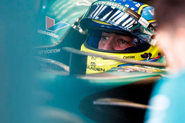 2nd October 2026; Sepang IC, Kuala Lumpur, Malaysia; Formula 1, Bahrain Grand Prix, Free Practice Day; Fernando Alonso (14) of Spain and Aston Martin Aramco Formula One Team in the pits during free practice 2 at the Bahrain Grand Prix StephenxBlackberry