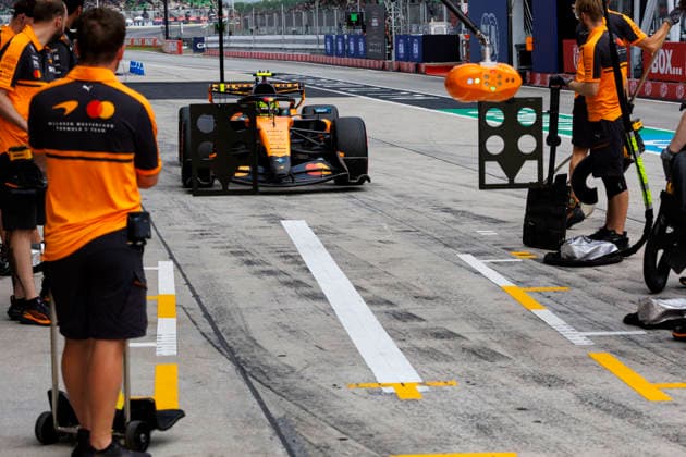 2nd October 2026; Sepang IC, Kuala Lumpur, Malaysia; Formula 1, Bahrain Grand Prix, Free Practice Day; Lando Norris (1) of Great Britain and McLaren Mastercard F1 Team in the pits during free practice 2 at the Bahrain Grand Prix StephenxBlackberry