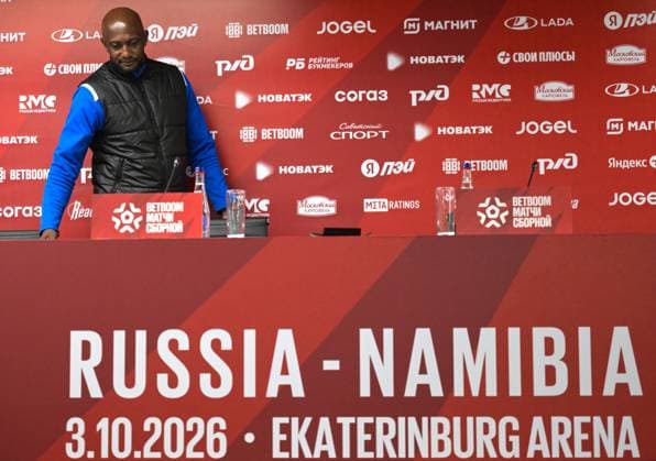 Russia Soccer Friendly Namibia Training 9256245 02.10.2026 Namibia s head coach Collin Benjamin arrives to attend a news conference on the eve of the friendly soccer match against Russia at Yekaterinburg Arena in Yekaterinburg, Russia. Grigory Sysoev Sputnik Yekaterinburg Russia  Copyright: xGrigoryxSysoevx