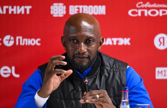 Russia Soccer Friendly Namibia Training 9256255 02.10.2026 Namibia s head coach Collin Benjamin attends a news conference on the eve of the friendly soccer match against Russia at Yekaterinburg Arena in Yekaterinburg, Russia. Grigory Sysoev Sputnik Yekaterinburg Russia  Copyright: xGrigoryxSysoevx