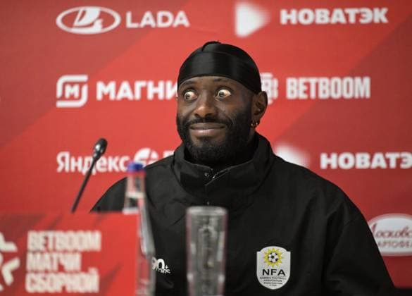 Russia Soccer Friendly Namibia Training 9256254 02.10.2026 Namibia s Deon Hotto attends a news conference on the eve of the friendly soccer match against Russia at Yekaterinburg Arena in Yekaterinburg, Russia. Grigory Sysoev Sputnik Yekaterinburg Russia  Copyright: xGrigoryxSysoevx