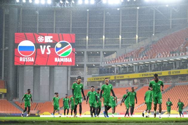 Russia Soccer Friendly Namibia Training 9256322 02.10.2026 Namibia s players attend a training session on the eve of the friendly soccer match against Russia at Yekaterinburg Arena in Yekaterinburg, Russia. Grigory Sysoev Sputnik Yekaterinburg Russia  Copyright: xGrigoryxSysoevx