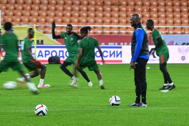 Russia Soccer Friendly Namibia Training 9256332 02.10.2026 Namibia s players and head coach Collin Benjamin attend a training session on the eve of the friendly soccer match against Russia at Yekaterinburg Arena in Yekaterinburg, Russia. Grigory Sysoev Sputnik Yekaterinburg Russia  Copyright: xGrigoryxSysoevx