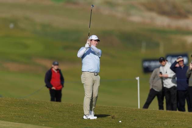 RECORD DATE NOT STATED 2nd October 2026; Kingsbarns Golf Links, St Andrews, Scotland; DP World Tour Golf, Alfred Dunhill Links Championship, Day 2; Robert Macintyre of Scotland plays a shot from the rough on the fourth hole DavidxYoung