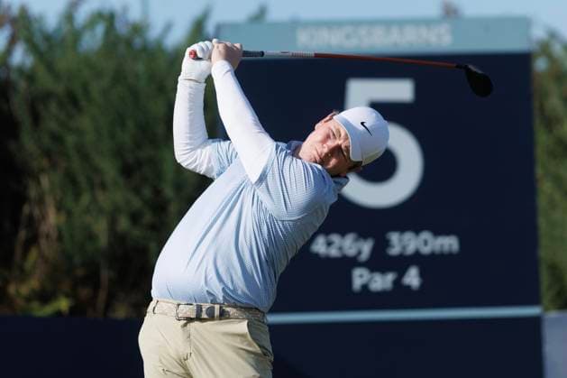 RECORD DATE NOT STATED 2nd October 2026; Kingsbarns Golf Links, St Andrews, Scotland; DP World Tour Golf, Alfred Dunhill Links Championship, Day 2; Robert Macintyre of Scotland plays a shot from the tee on the fifth hole DavidxYoung