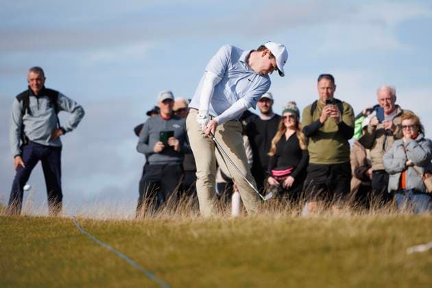 RECORD DATE NOT STATED 2nd October 2026; Kingsbarns Golf Links, St Andrews, Scotland; DP World Tour Golf, Alfred Dunhill Links Championship, Day 2; Robert Macintyre of Scotland plays a shot from the rough on the fifth hole DavidxYoung