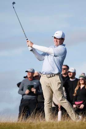 RECORD DATE NOT STATED 2nd October 2026; Kingsbarns Golf Links, St Andrews, Scotland; DP World Tour Golf, Alfred Dunhill Links Championship, Day 2; Robert Macintyre of Scotland plays a shot from the rough on the fifth hole DavidxYoung