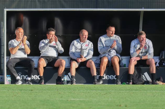 Eintracht Frankfurt vs. Eintracht Braunschweig, Friendly Match. From left: Head Coach Adi Hütter (Eintracht Frankfurt), Assistant Coach Christian Peintinger (Eintracht Frankfurt), Assistant Coach Klaus Schmidt (Eintracht Frankfurt), Assistant Coach Alex Meier (Eintracht Frankfurt), and Goalkeeper Coach Jan Zimmermann (Eintracht Frankfurt). Friendly match between Eintracht Frankfurt and Eintracht Braunschweig on October 2, 2026, at Deutsche Bank Park in Frankfurt am Main, Frankfurt am Main, Hesse, Germany; Deutsche Bank Park