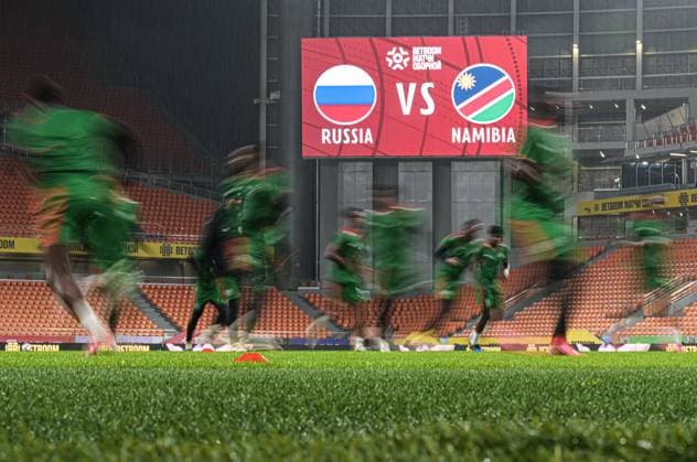 Russia Soccer Friendly Namibia Training 9256418 02.10.2026 Namibia s players attend a training session on the eve of the friendly soccer match against Russia at Yekaterinburg Arena in Yekaterinburg, Russia. Grigory Sysoev Sputnik Yekaterinburg Russia  Copyright: xGrigoryxSysoevx