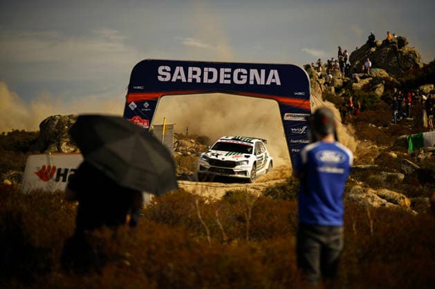 FIA WRC, Motorsport Rallye, WM Rally Italia Sardegna 2026 Drive Virves Robert and co-driver Viilo Jakko of the Toksport WRT 2 team, driving a Skoda Fabia RS Rally2 WRC2, face the press during the second day of the FIA World Rally Championship WRC Rally Italia Sardegna 2026 in Alghero, Sardinia, Italy, on October 2, 2026. Alghero Sardinia Italy  Copyright: xLucaxBarsalix originalFilename:barsali-wrcrally261002_npl20.jpg