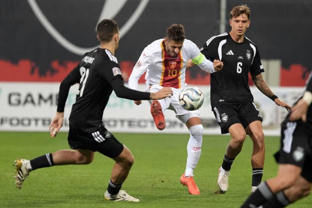 Stevan Jovetic (10) of Montenegro and Deniss Melniks (21) and Danila Patijcuks (6) of Latvia In action during UEFA Nations League Group C2 football game between Latvia and Montenegro in Riga, Latvia, Fri, Oct. 2, 2026. Riga Latvia Copyright: xRomanxKoksarovx RKV09668.JPG