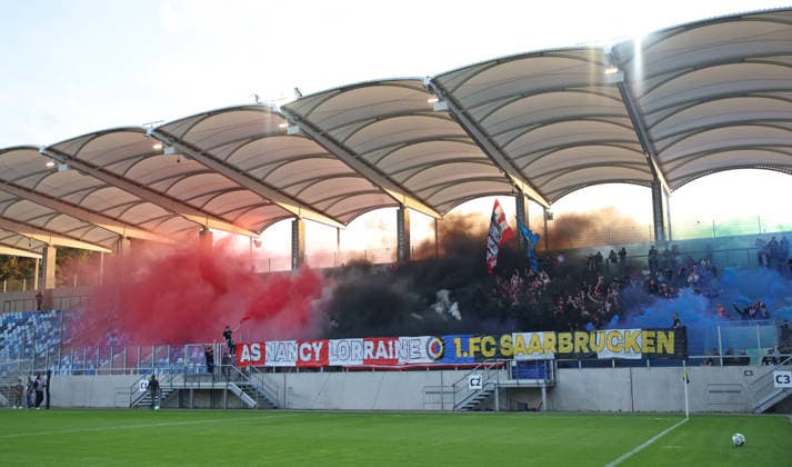 October 2, 2026, Soccer, Men s, Friendly Match, 2026–2027 Season, 1 FC Saarbrücken vs. AS Nancy Lorraine, AS Nancy Lorraine fans set off pyrotechnics, pyro, and smoke bombs at Saarbrücken s Ludwigsparkstadion in Saarland, Germany Copyright: xFabianxKleerx