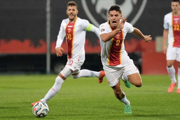 Nikola Krstovic (9) of Montenegro In action during UEFA Nations League Group C2 football game between Latvia and Montenegro in Riga, Latvia, Fri, Oct. 2, 2026. Riga Latvia Copyright: xRomanxKoksarovx RKV09733.JPG