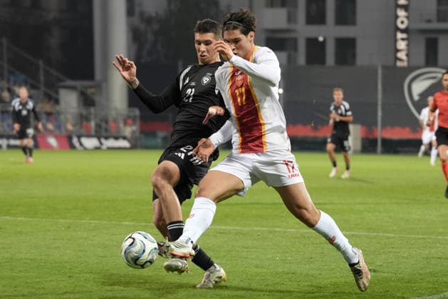 Deniss Melniks (21) of Latvia and Vasilije Adzic (17) of Montenegro In action during UEFA Nations League Group C2 football game between Latvia and Montenegro in Riga, Latvia, Fri, Oct. 2, 2026. Riga Latvia Copyright: xRomanxKoksarovx RKV09775.JPG