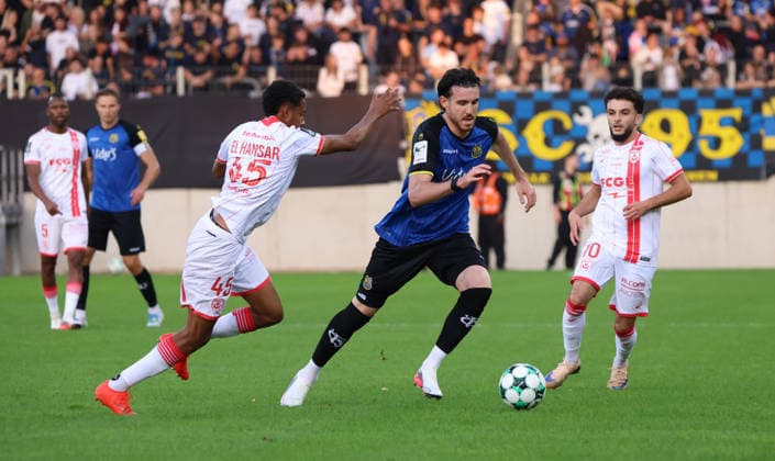 October 2, 2026, Soccer, Men s, Friendly Match, 2026–2027 Season, 1 FC Saarbrücken vs. AS Nancy Lorraine, Chafik El Hansar (AS Nancy Lorraine) vs. Kaan Caliskaner (1 FC Saarbrücken), Adrian Dabasse (AS Nancy Lorraine), Saarbrücken, Ludwigsparkstadion, Saarland, Germany Copyright: xFabianxKleerx