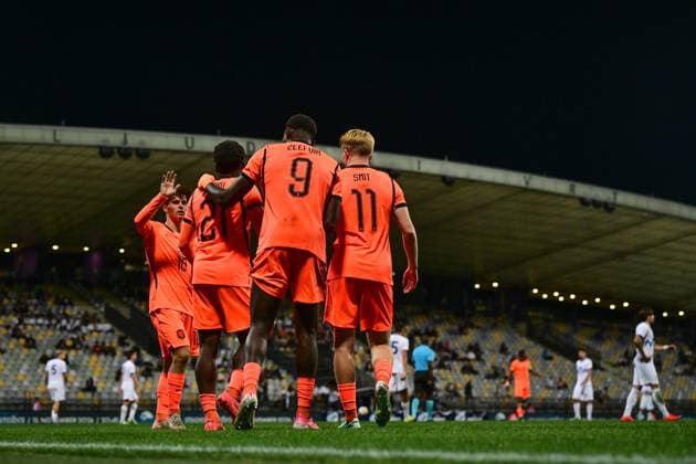 MARIBOR , 02-10-2026 , Stadion Ljudski vrt , season 2026 2027 , UEFA EURO, EM, Europameisterschaft,Fussball U-21 Qualification football , match between Slovenia U-21 and Netherlands U-21, picture shows Netherlands celebrating the 2-3 after Netherlands U21, U 21 player Ernest Poku scores the goal Slovenia - Netherlands u21 x207824968x Copyright:
