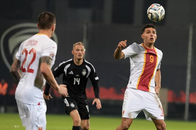 Andrejs Ciganiks (14) of Latvia and Nikola Krstovic (9) of Montenegro In action during UEFA Nations League Group C2 football game between Latvia and Montenegro in Riga, Latvia, Fri, Oct. 2, 2026. Riga Latvia Copyright: xRomanxKoksarovx RKV09965.JPG