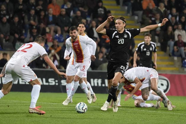 Roberts Uldrikis (20) of Latvia, centre, In action during UEFA Nations League Group C2 football game between Latvia and Montenegro in Riga, Latvia, Fri, Oct. 2, 2026. Riga Latvia Copyright: xRomanxKoksarovx RKV00015.JPG