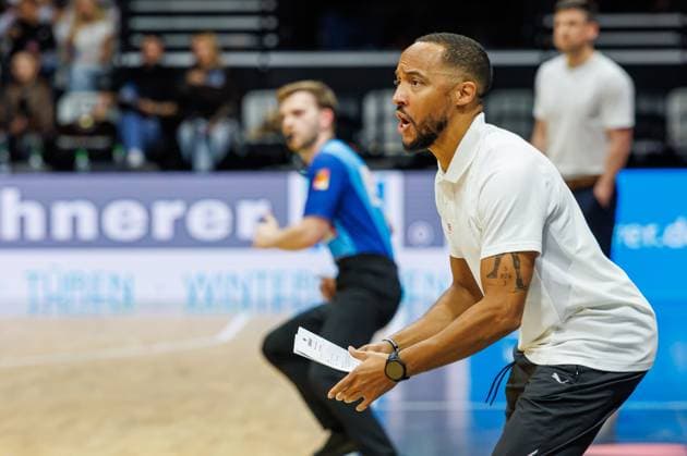 October 2, 2026 Basketball Season 2026–2027 2nd Bundesliga Pro A Matchday 2 Nuremberg Falcons Basketball Club (NBC) vs. EPG Baskets Koblenz Sports photo by Zink DaMa xdaxmax Tim Timothy James Black, Head Coach of the Nuremberg Falcons BC (NBC), gives instructions