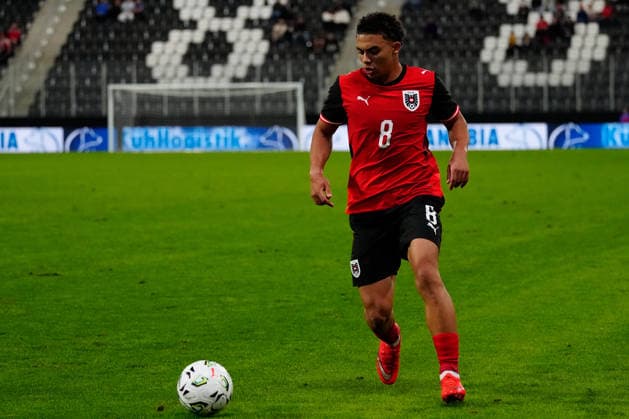 SOCCER - UEFA U21, U 21 EURO quali, AUT vs DEN VIENNA,AUSTRIA,02.OCT.26 - SOCCER - UEFA European Under-21 Championship 2027, qualifiers, OEFB Under-21 international match, Länderspiel, Nationalmannschaft Austria vs Denmark. Image shows Jacob Peter Hoedl (AUT). GEPAxpictures xKevinxKada