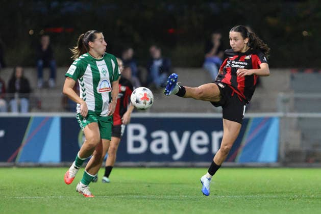 Luna Vanzeir of SV Werder Bremen and Loreen Bender of Bayer 04 Leverkusen battle for the ball during the Women s Bundesliga match between Bayer 04 Leverkusen and SV Werder Bremen at Ulrich Haberland Stadium on October 2, 2026, in Leverkusen, Germany. Photo by Oliver Kaelke, DeFodi Images. Luna Vanzeir of SV Werder Bremen and Loreen Bender of Bayer 04 Leverkusen battle for the ball during the Bundesliga match between Bayer 04 Leverkusen and SV Werder Bremen at Ulrich Haberland Stadium on October 2, 2026 in Leverkusen, Germany. Photo by Oliver Kaelke, DeFodi Images. DFB and DFL regulations prohibit any use of photographs as image sequences and or quasi-video. Photo by Oliver Kaelke, DeFodi Images.