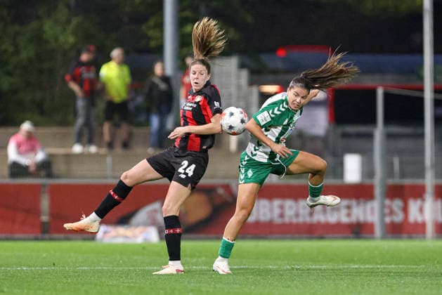 Lilla Turanyi of Bayer 04 Leverkusen and Luna Vanzeir of SV Werder Bremen battle for the ball during the Women s Bundesliga match between Bayer 04 Leverkusen and SV Werder Bremen at Ulrich Haberland Stadium on October 2, 2026, in Leverkusen, Germany. Photo by Oliver Kaelke, DeFodi Images. Lilla Turanyi of Bayer 04 Leverkusen and Luna Vanzeir of SV Werder Bremen battle for the ball during the Bundesliga match between Bayer 04 Leverkusen and SV Werder Bremen at Ulrich Haberland Stadium on October 2, 2026 in Leverkusen, Germany. Photo by Oliver Kaelke, DeFodi Images. DFB and DFL regulations prohibit any use of photographs as image sequences and or quasi-video. Photo by Oliver Kaelke, DeFodi Images.