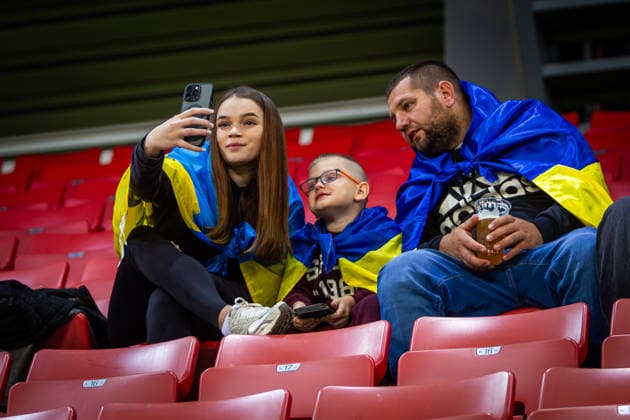 UKRAINE - NORTHERN IRELAND Fans of Ukraine taking selfie during UEFA Nations League - League B - Group B2 - Matchday 3 - football match between Ukraine and Northern Ireland. Anton Malatinsky Stadium, City Arena, Trnava, Slovakia, October 02, 2026. Photo by Branislav Racko Copyright: xx _BRR0057