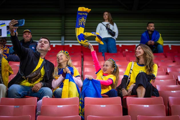 UKRAINE - NORTHERN IRELAND Fans of Ukraine take a selfie during UEFA Nations League - League B - Group B2 - Matchday 3 - football match between Ukraine and Northern Ireland. Anton Malatinsky Stadium, City Arena, Trnava, Slovakia, October 02, 2026. Photo by Branislav Racko Copyright: xx _BRR0094