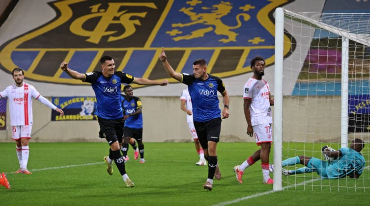 October 2, 2026, Soccer, Men s, Friendly Match, 2026–2027 Season, 1 FC Saarbrücken vs. AS Nancy Lorraine, Mladen Cvjetinovic of 1 FC Saarbrücken celebrates his goal with Nikola Aracic, making the score 1–0. Saarbrücken, Ludwigsparkstadion, Saarland, Germany Copyright: xFabianxKleerx
