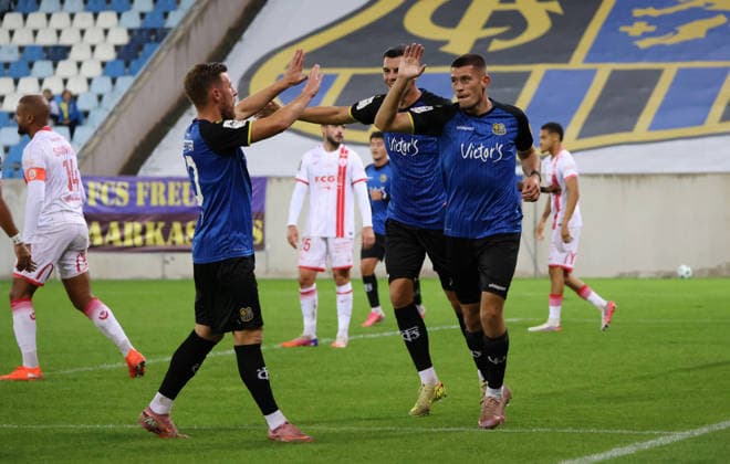 October 2, 2026, Soccer, Men s, Friendly Match, 2026–2027 Season, 1 FC Saarbrücken vs. AS Nancy Lorraine, Mladen Cvjetinovic of 1 FC Saarbrücken celebrates his goal with Nikola Aracic of 1 FC Saarbrücken and Christian Kühlwetter of 1 FC Saarbrücken, making the score 1–0. Saarbrücken, Ludwigsparkstadion, Saarland, Germany Copyright: xFabianxKleerx
