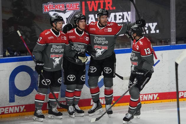 Cologne, DEL, 2026–2027 season, Kölner Haie vs. EHC Red Bull Munich, October 2, 2026, Lanxess Arena, Cologne; Kölner Haie celebrate